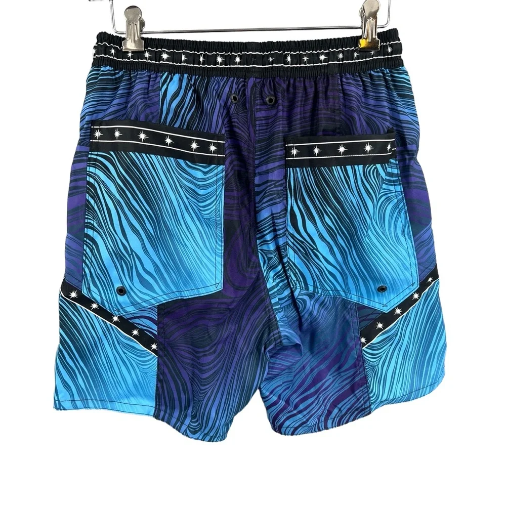 Agua Bendita Mens Swim Trunks Blue Purple Wave Print Star Tape Isaac Eter 28 New